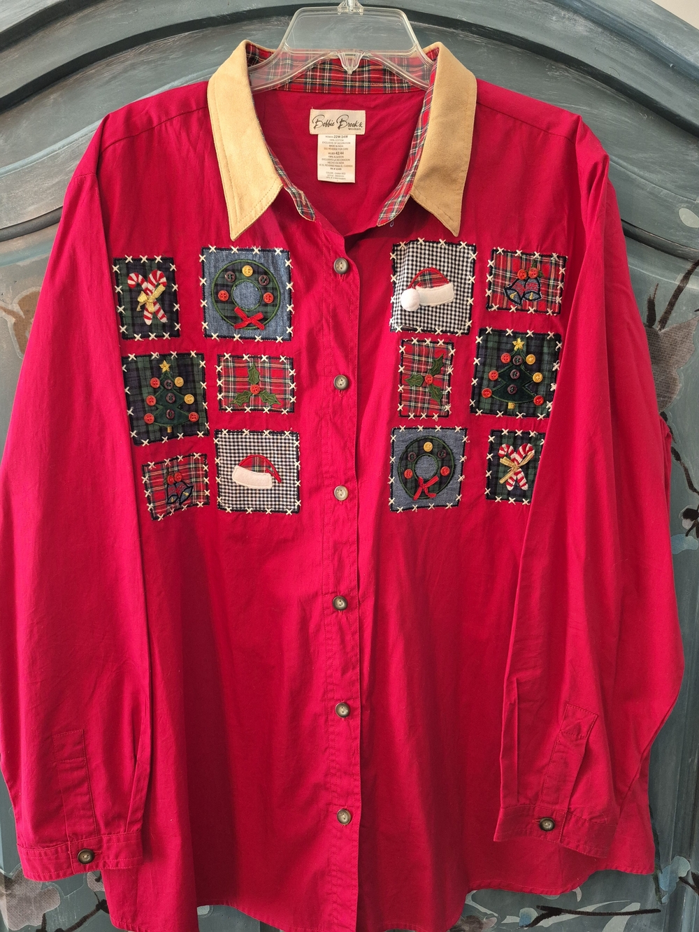 Bobbie Brooks Vintage Holiday Shirt with 3-D Patchwork Squares And Suede Collar